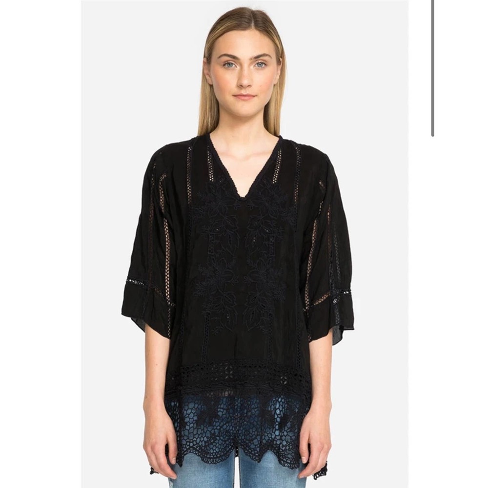 Johnny Was Elle Top Black + Navy Crochet Hem Women’s XL